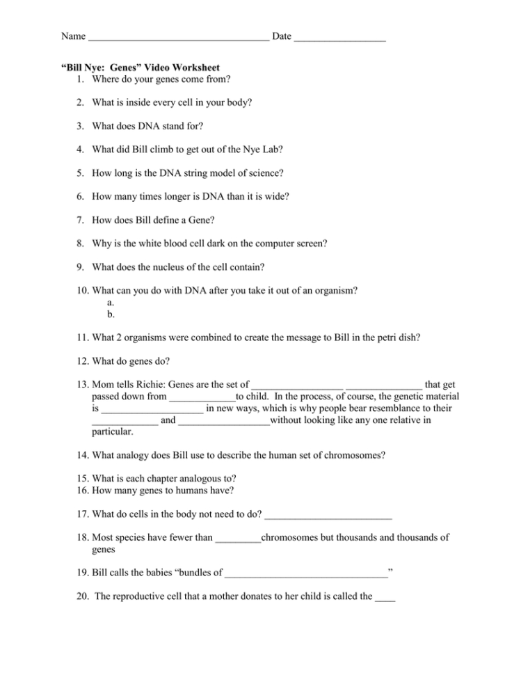 Bill Nye Genes Video Wksht