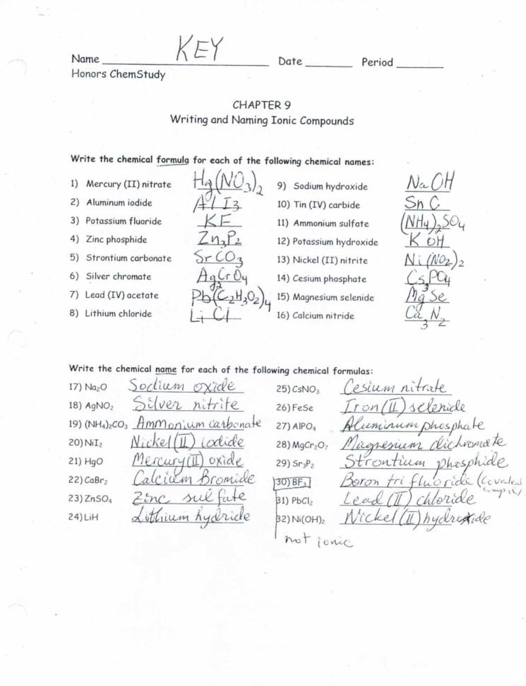 Binary Ionic Compounds Worksheet Answers Main Idea