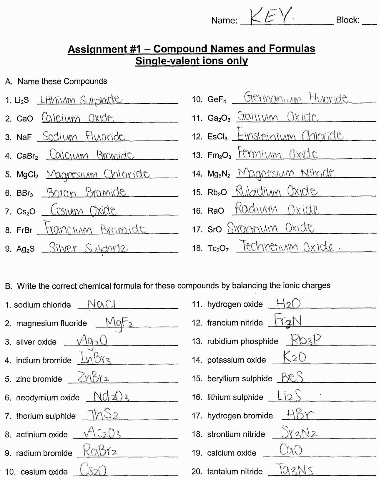 Writing And Naming Binary Compounds Worksheet Answer Key db excel com