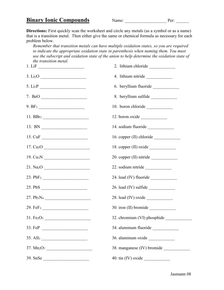 Ionic Nomenclature Worksheet Answers