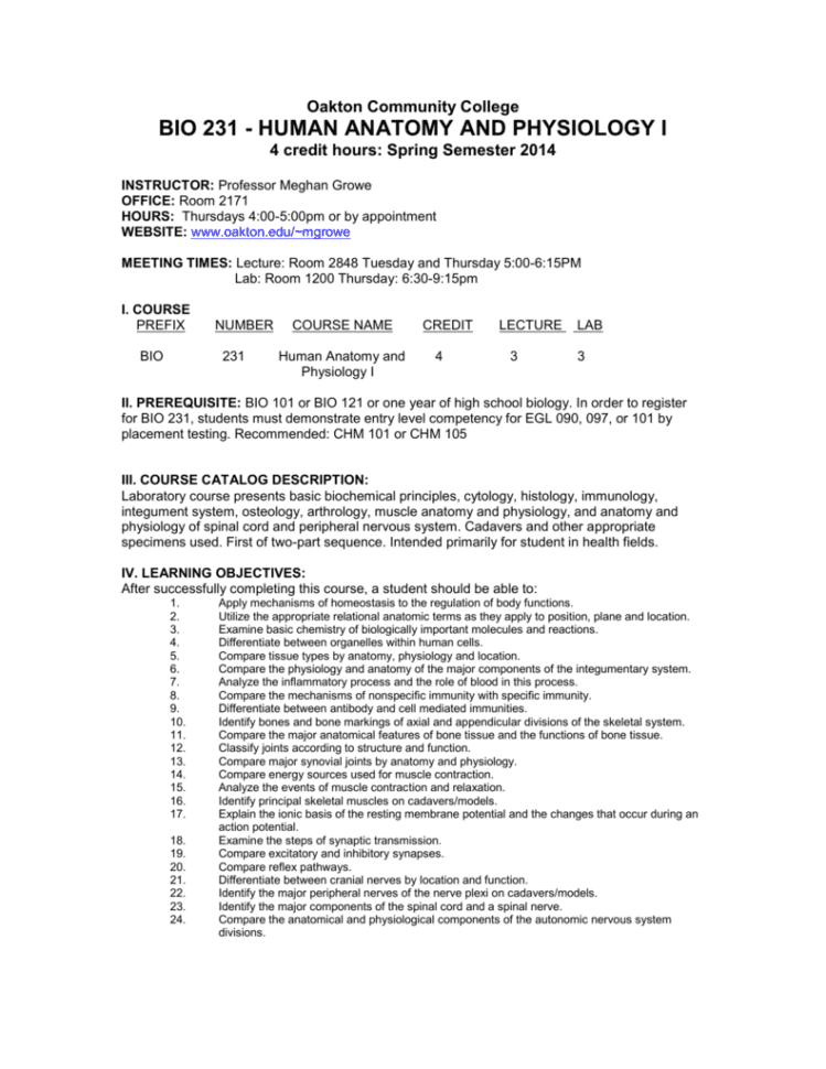 Bio 231  Human Anatomy And Physiology I