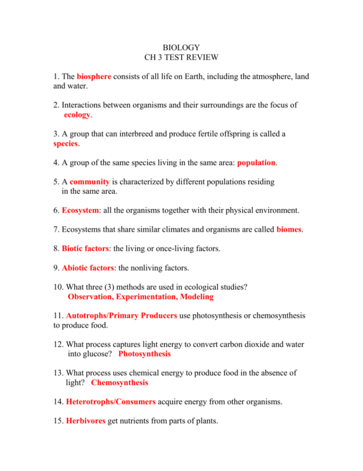 Bio Ch 3 Test Review