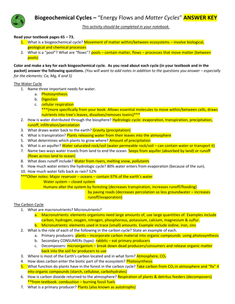 Biogeochemical Cycles Packet  Answer Key