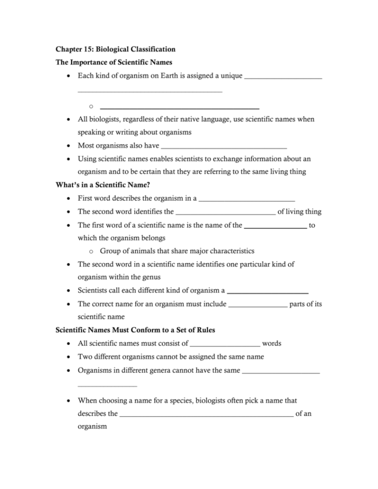 Biological Classification Worksheet Answers