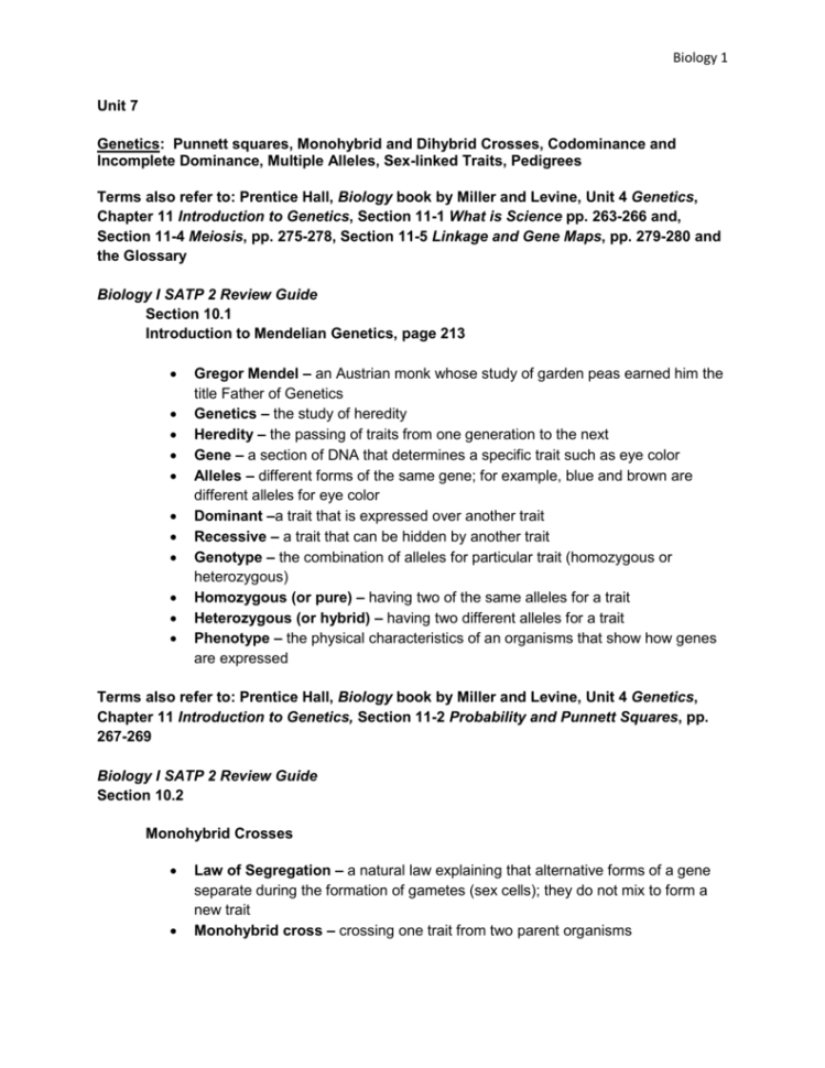 Biology 1 Unit 7 Genetics Punnett Squares Monohybrid And