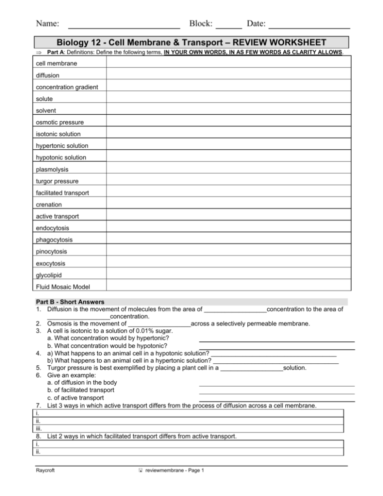 Biology 12 Cell Membrane Transport – Review Worksheet — db-excel.com