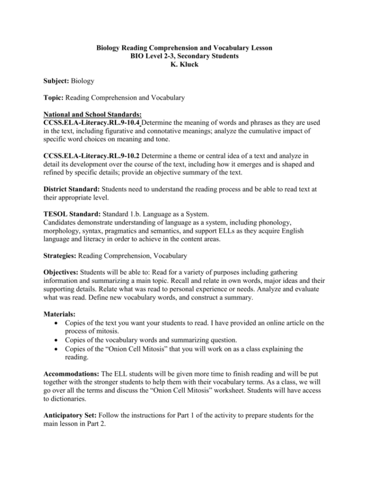 Biology Reading Comprehension And