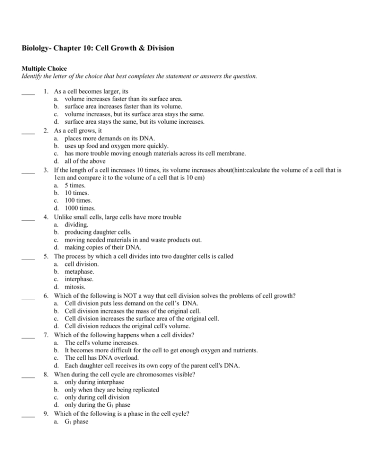 Biololgy Chapter 10 Cell Growth  Division