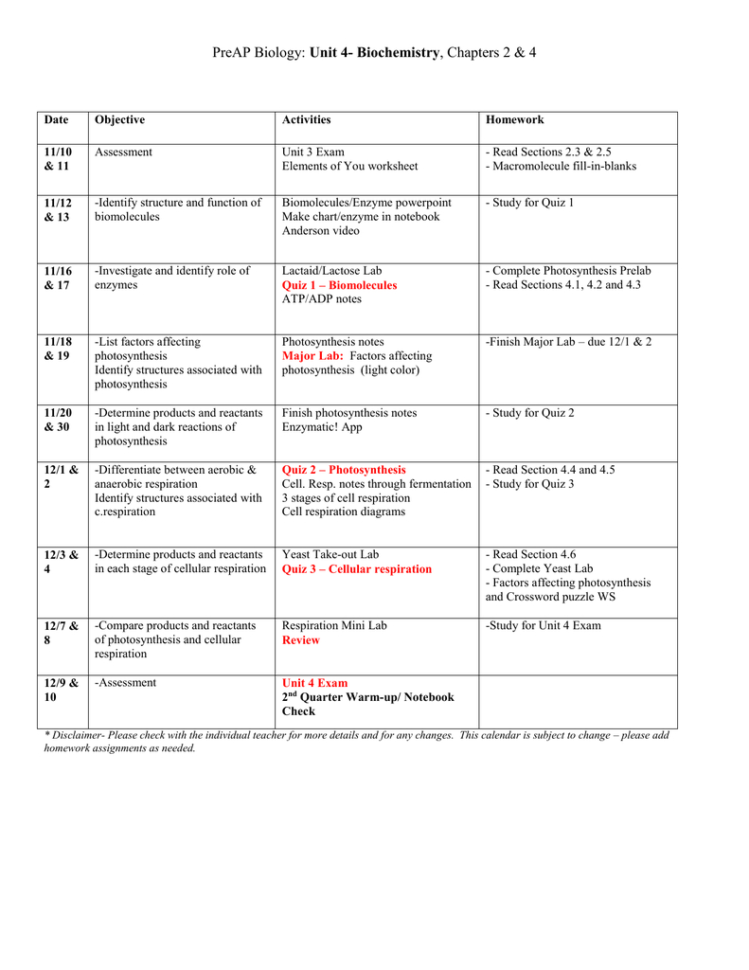 Biomolecules And Cellular Energies Calendar