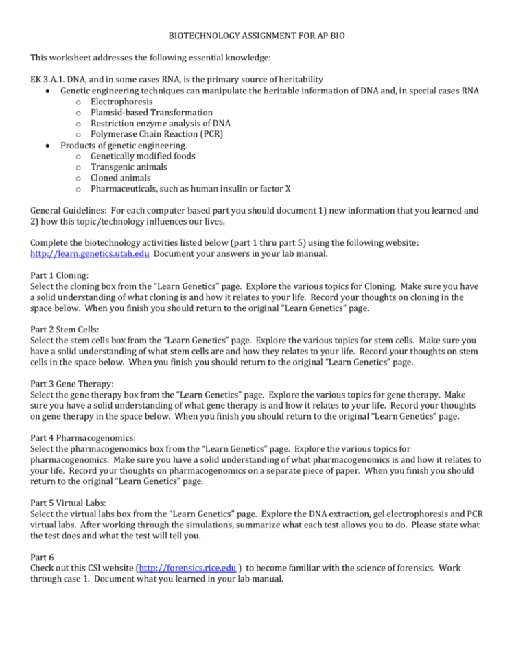 Biotechnology Assignment For Ap Bio This Worksheet