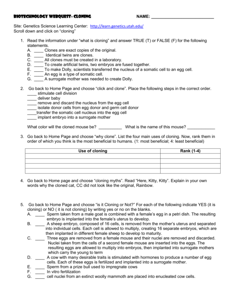 Biotechnology Webquest Cloning Name Site Genetics Science