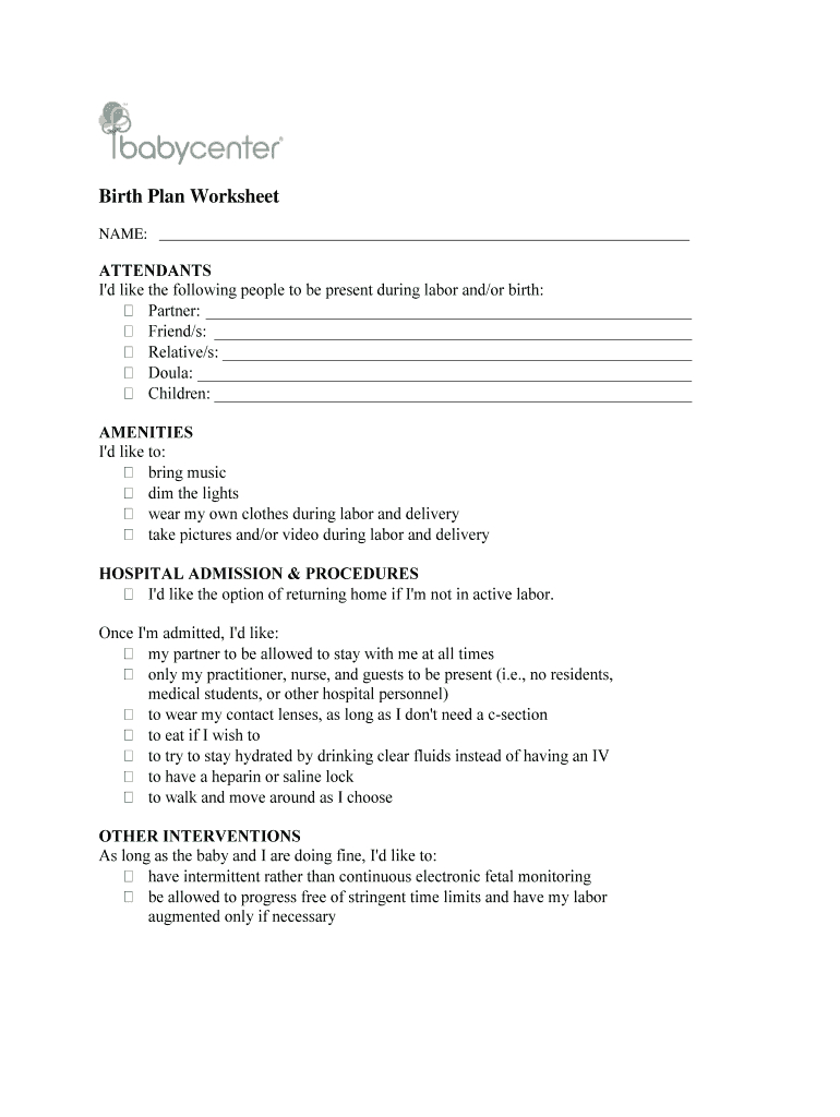 Birth Plan Form  Fill Online Printable Fillable Blank