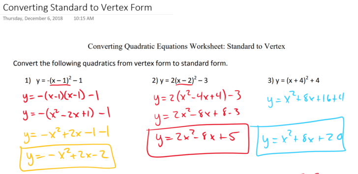 Converting Quadratic Equations Worksheet Standard To Vertex
