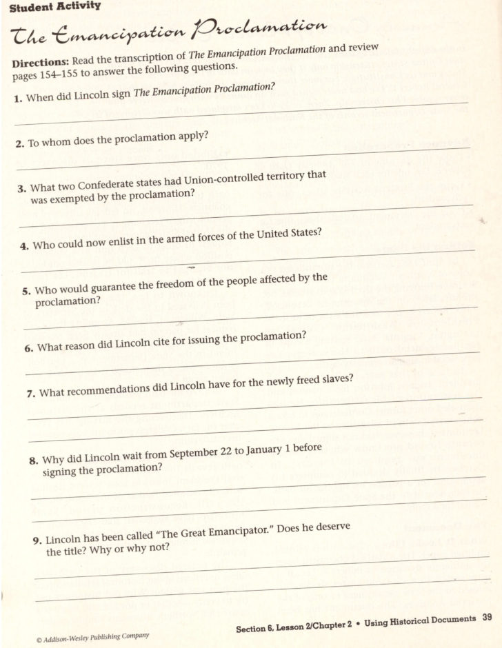 Emancipation Proclamation Worksheet Answers