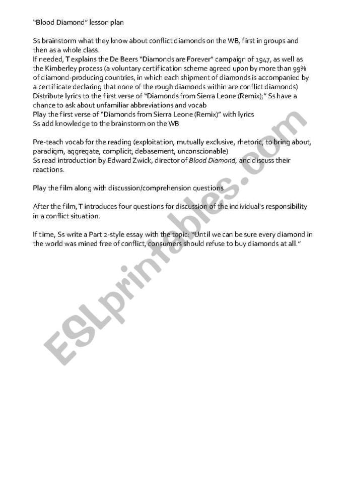 Blood Diamond Lesson Plan  Comprehension Questions  Esl