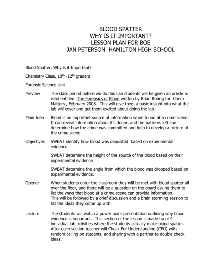 Blood Spatter Why Is It Important Lesson Plan For