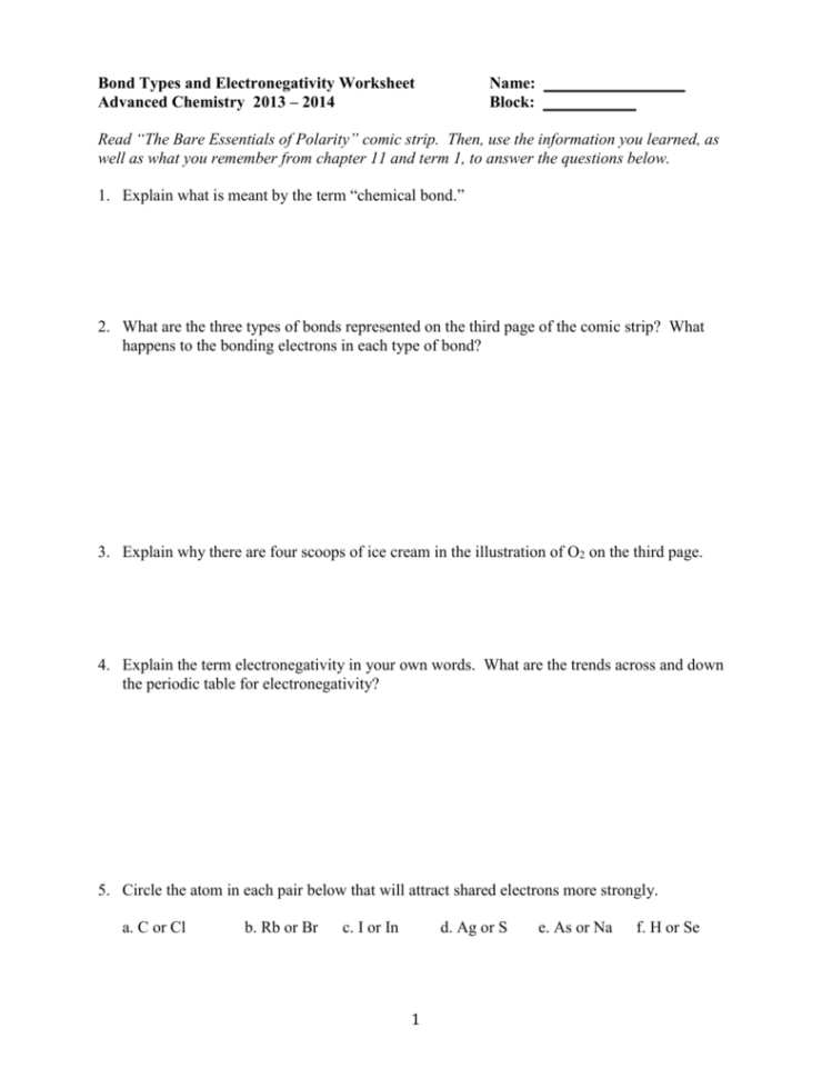 Bond Types And Electronegativity Worksheet