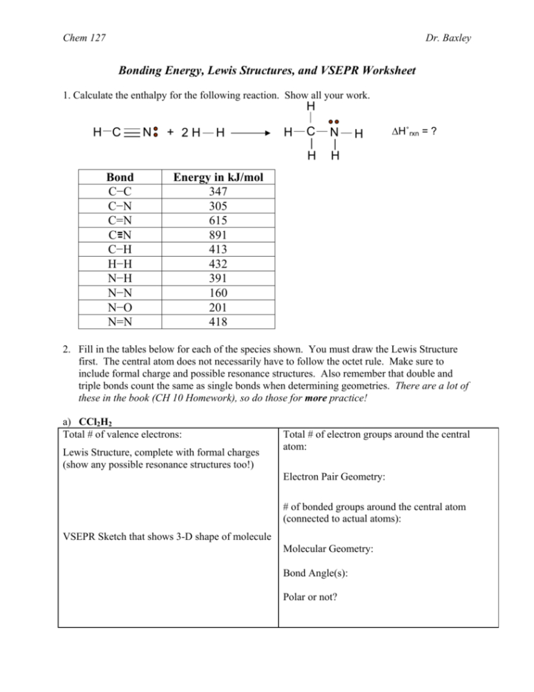 Bonding Energy Lewis Structures And Vsepr Worksheet Bond