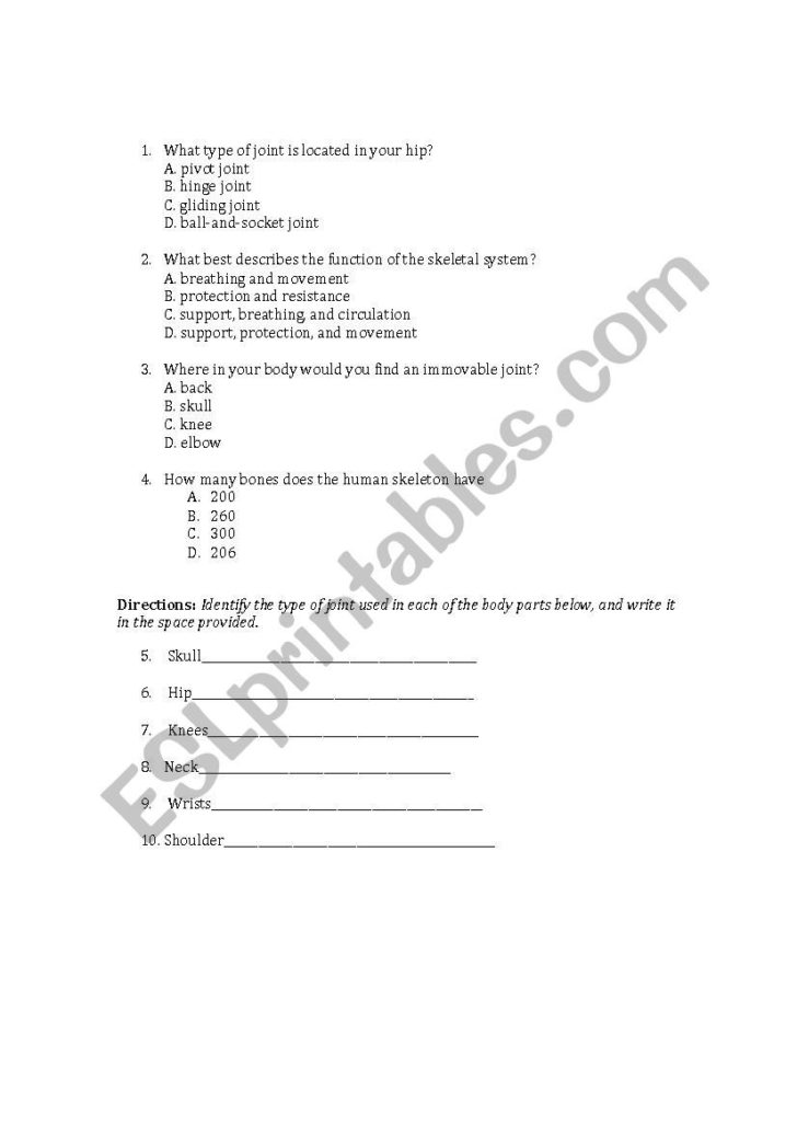 Joints And Movement Worksheet