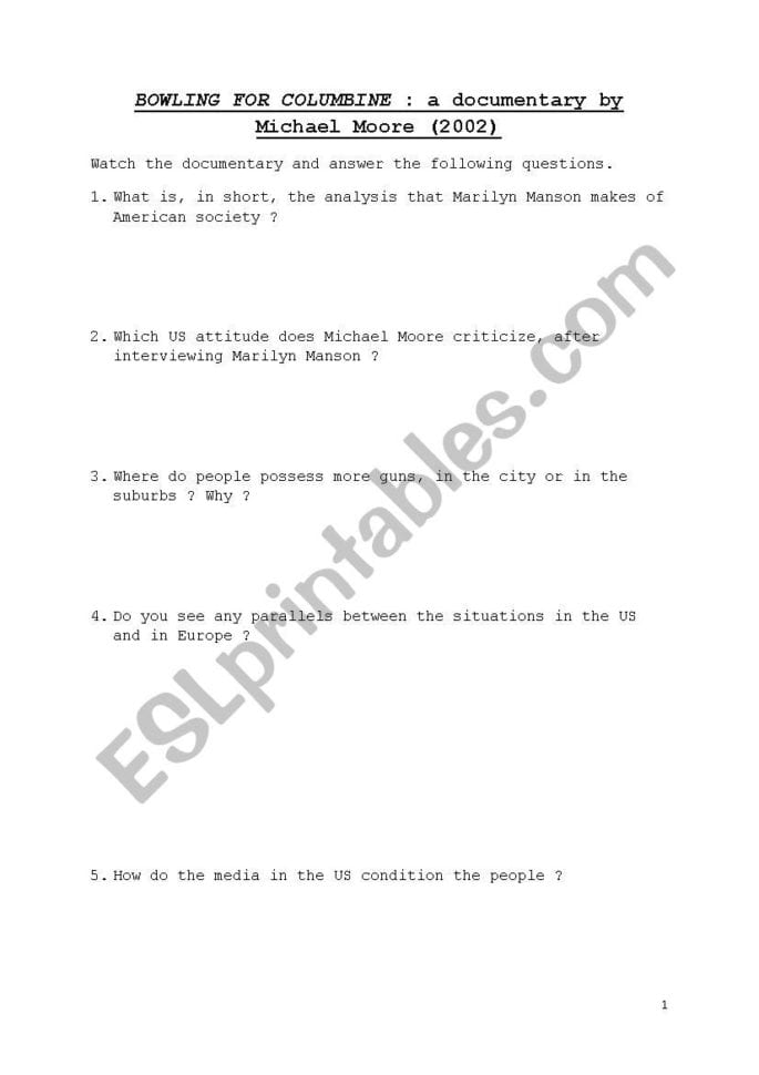 Bowling For Columbine  Esl Worksheetkatarina00
