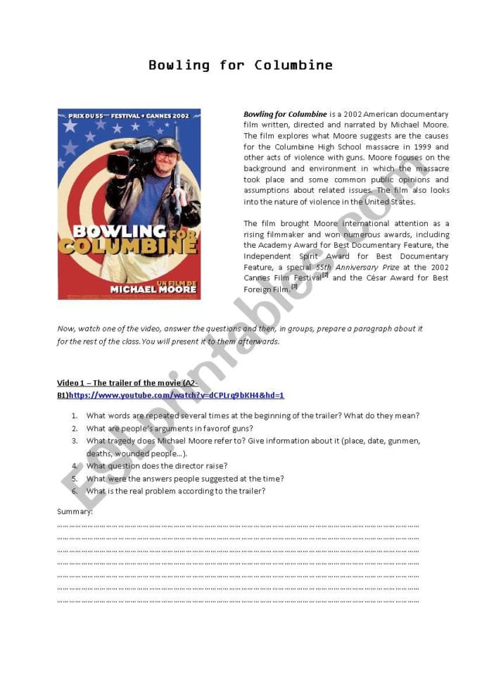 Bowling For Columbine Videos  Esl Worksheetcvil Bowling For Columbine Videos  Esl Worksheetcvil