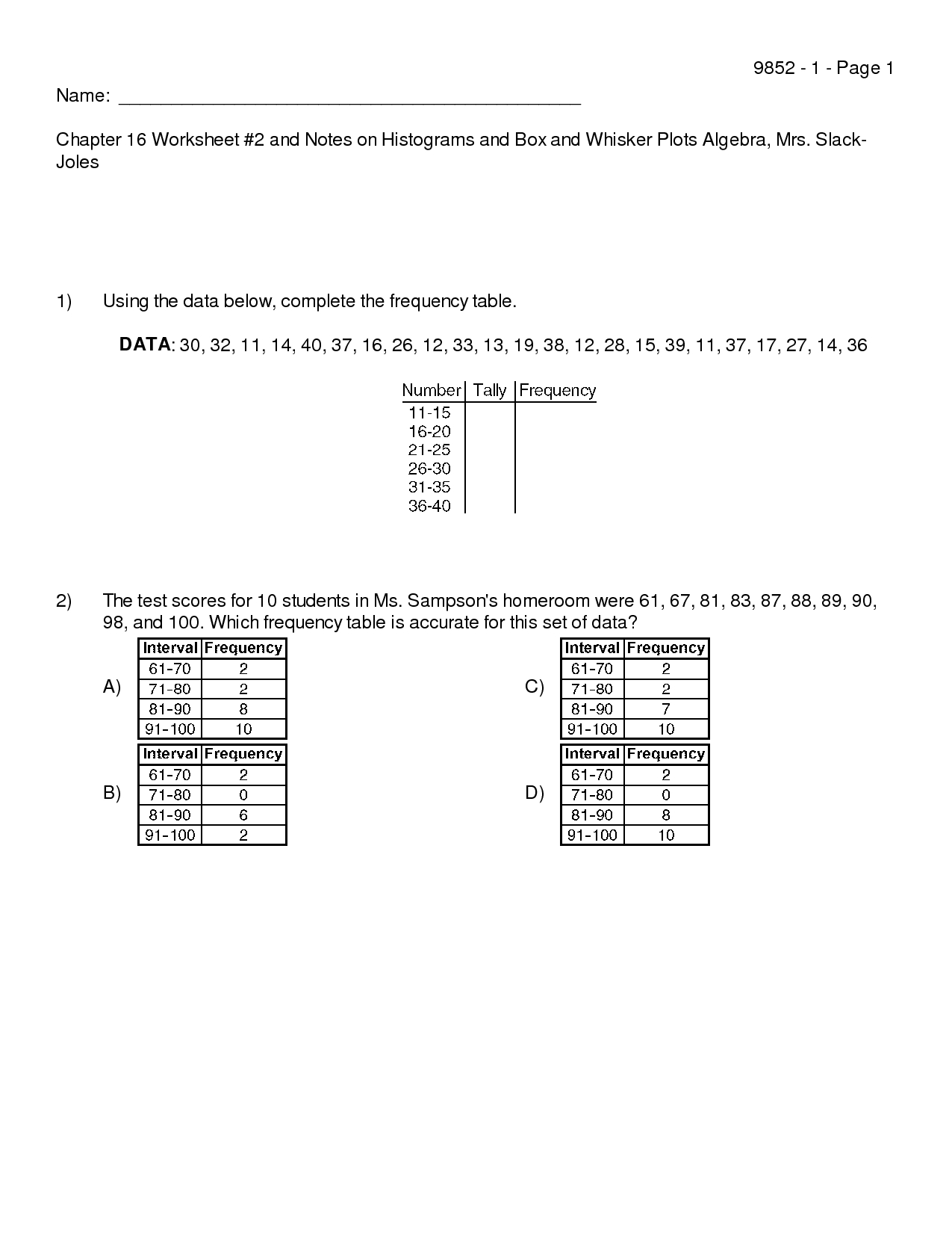 Box And Whisker Plot Worksheet 1 Answer Key Seventh Grade Step 3