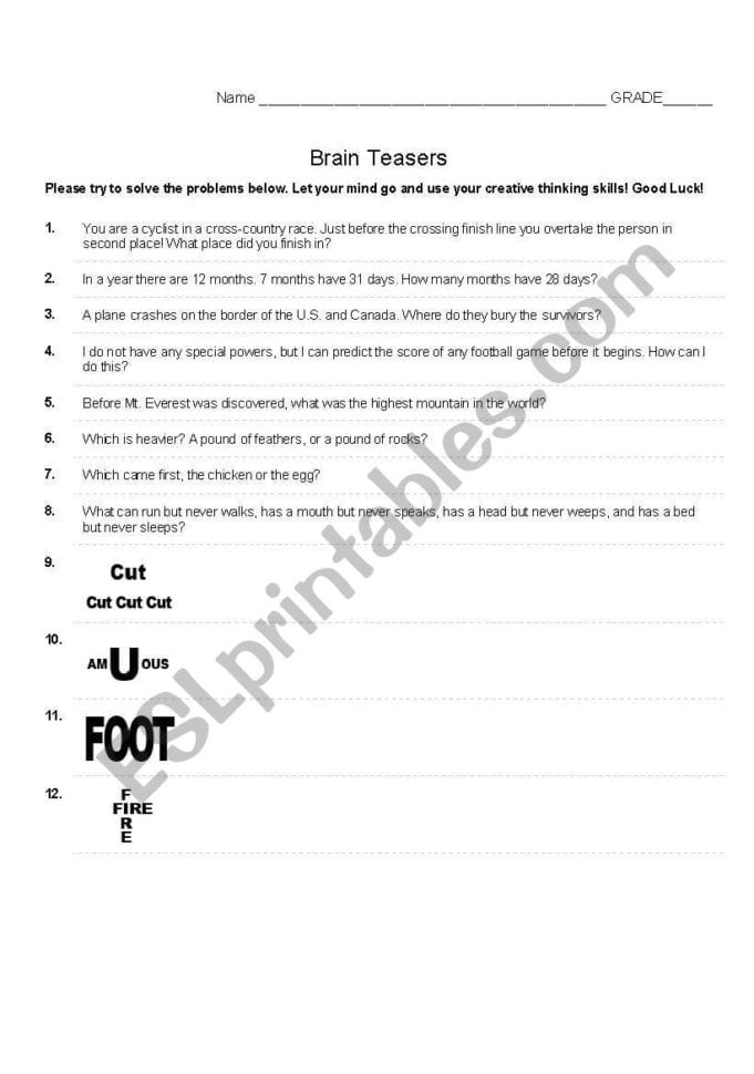 Brain Teasers  Esl Worksheettini