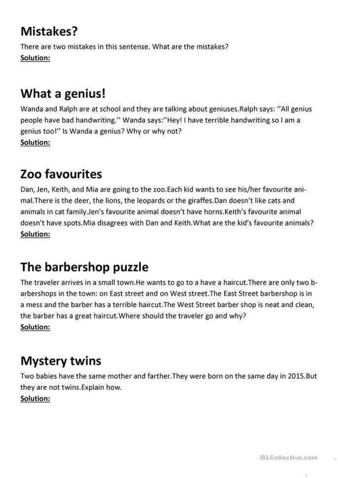 Brain Teaserswith Answer Key  English Esl Worksheets