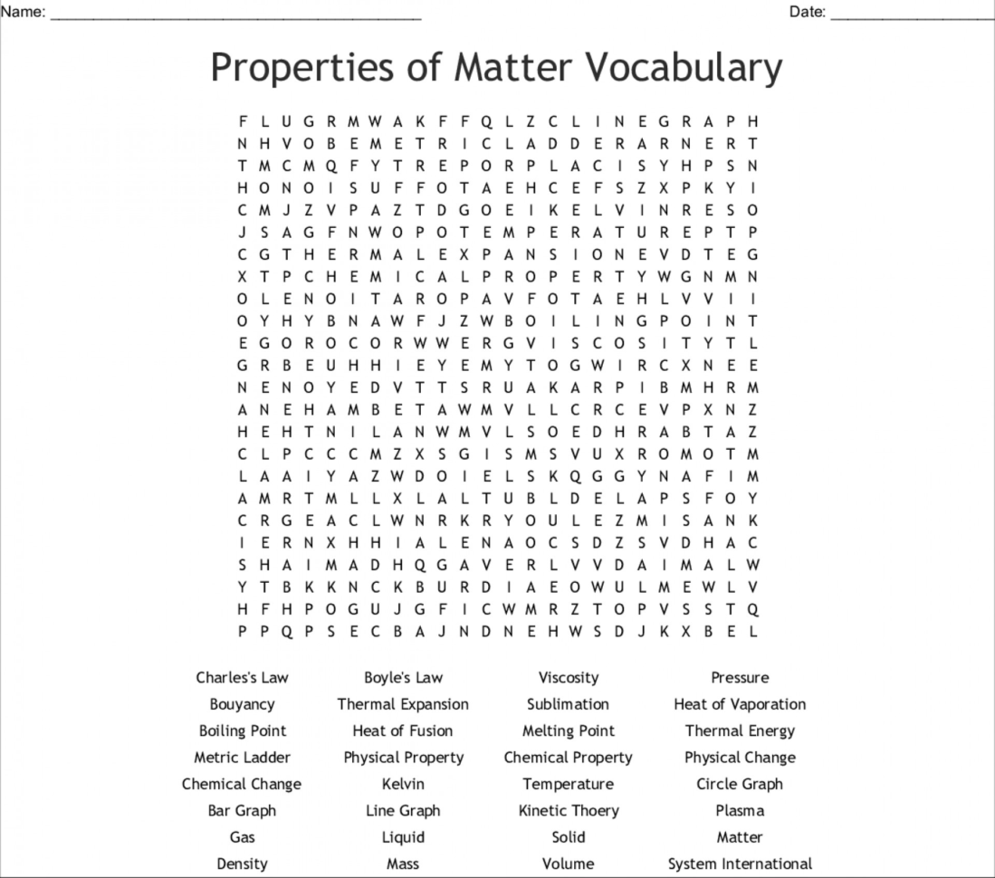 Breathtaking Properties Of Matter Word Search Printable