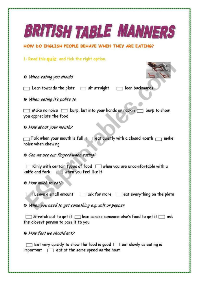 British Table Manners  Esl Worksheetmanoushka