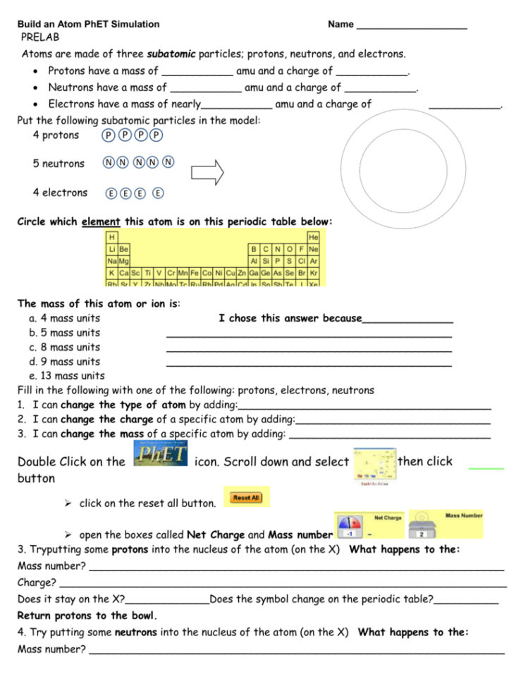 Build An Atom Phet Simulation Name Prelab Atoms Are Made Of