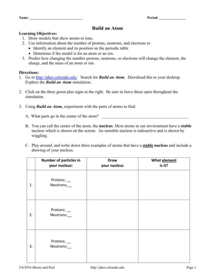 Build An Atom Phet Studentdirectionsbuildatom1