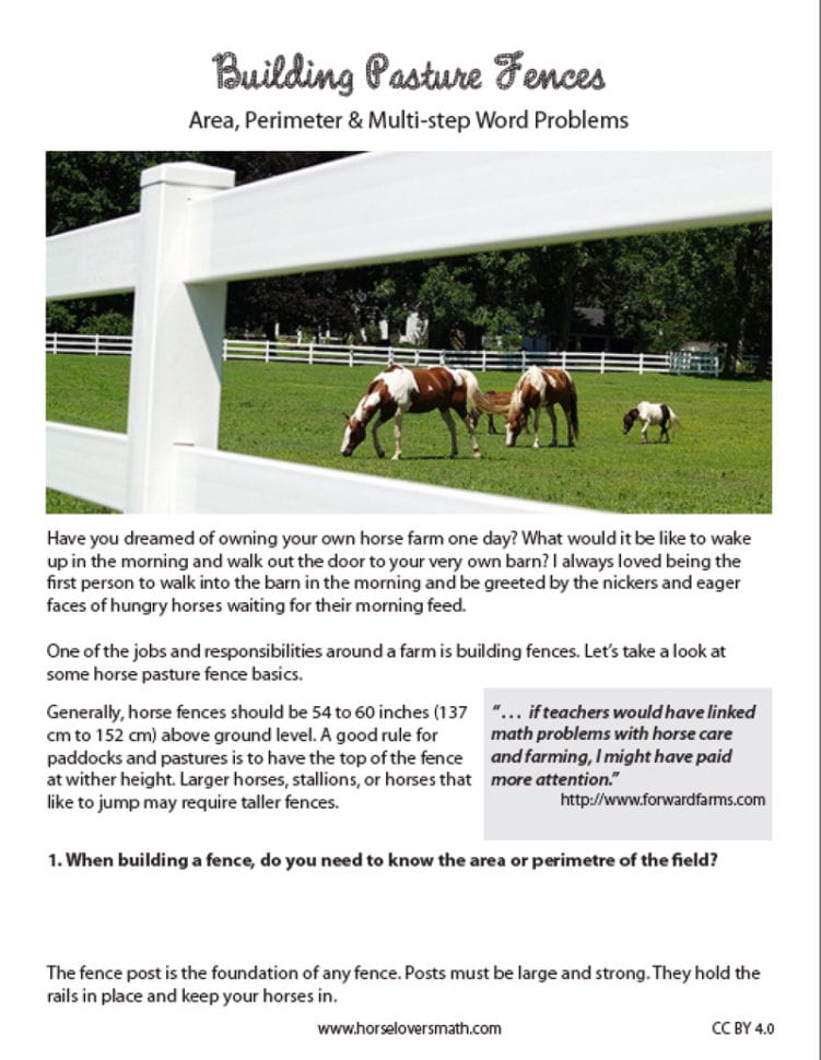 Building Pasture Fences Perimeter And Area Word Problems