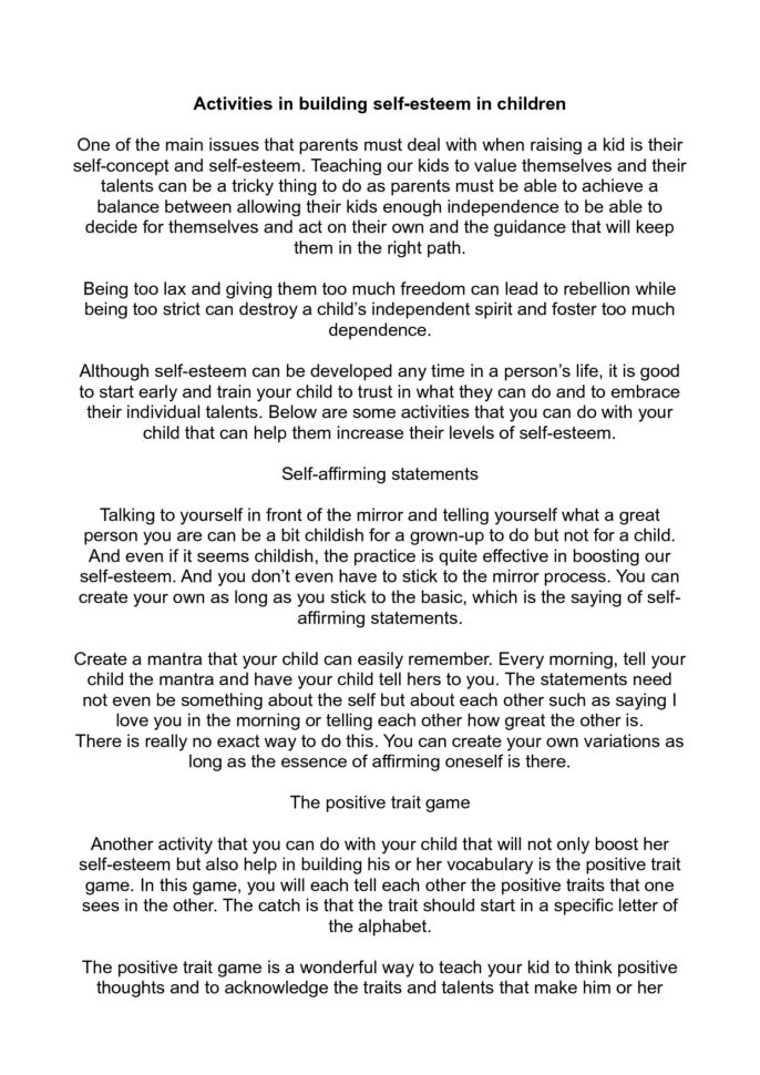 Building Self Esteem Worksheets For Chil