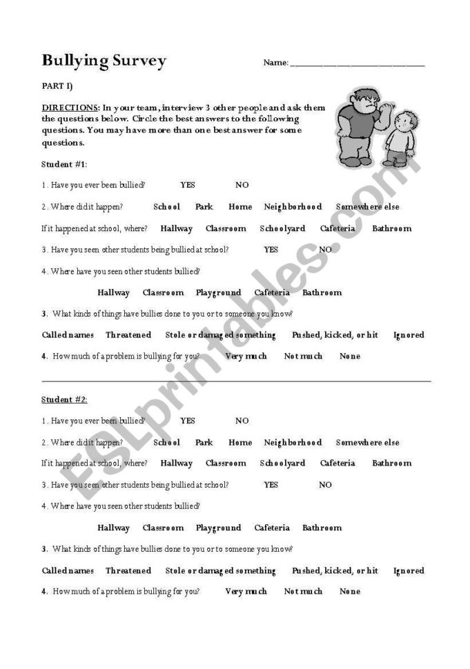 Bullying Survey  Esl Worksheetheidilynn26
