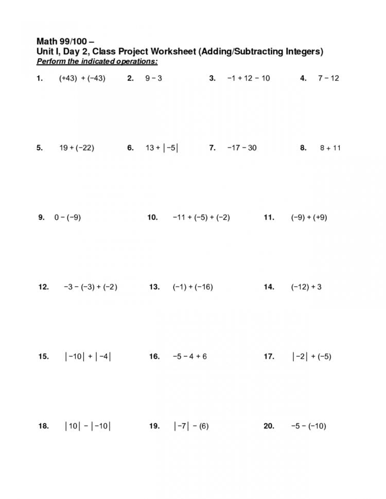 Bunch Ideas Of 6Thade Math Integers Worksheets Adding And
