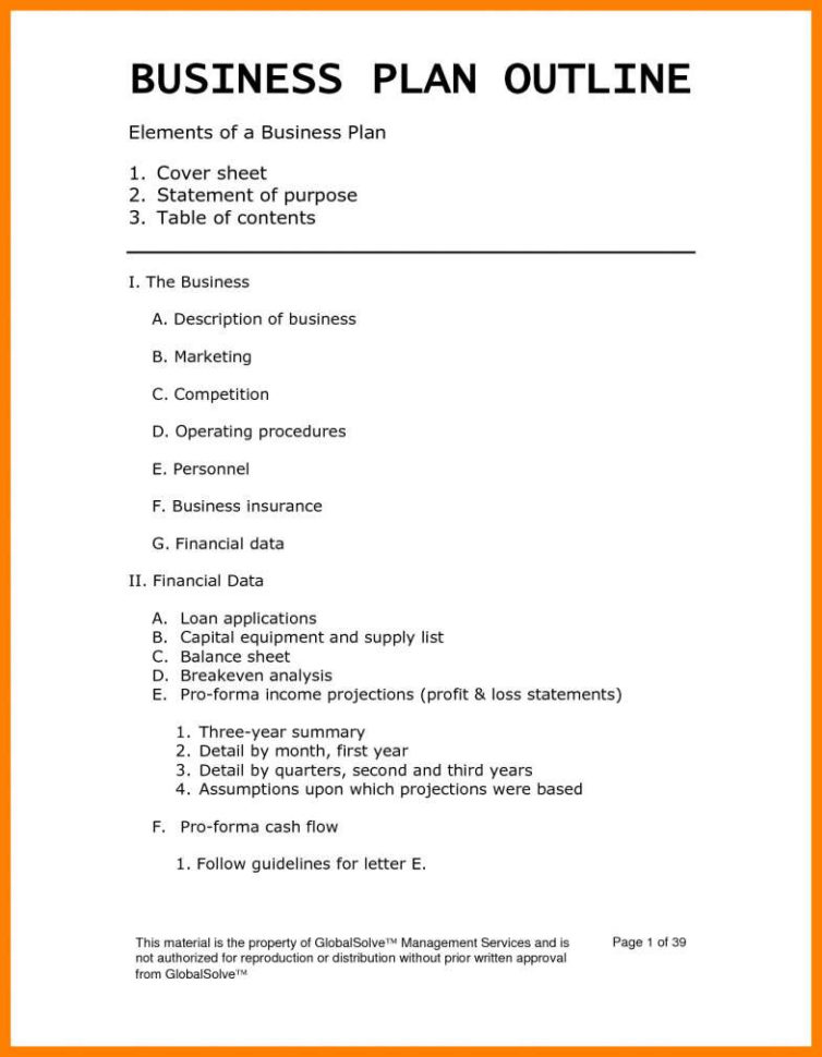 Business Plan Spreadsheet  Or Outline Example Format