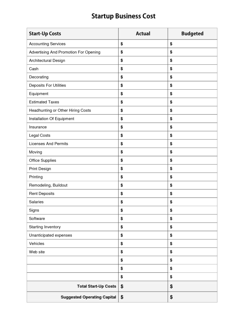 Business Start Up Costs Worksheet  Tagua
