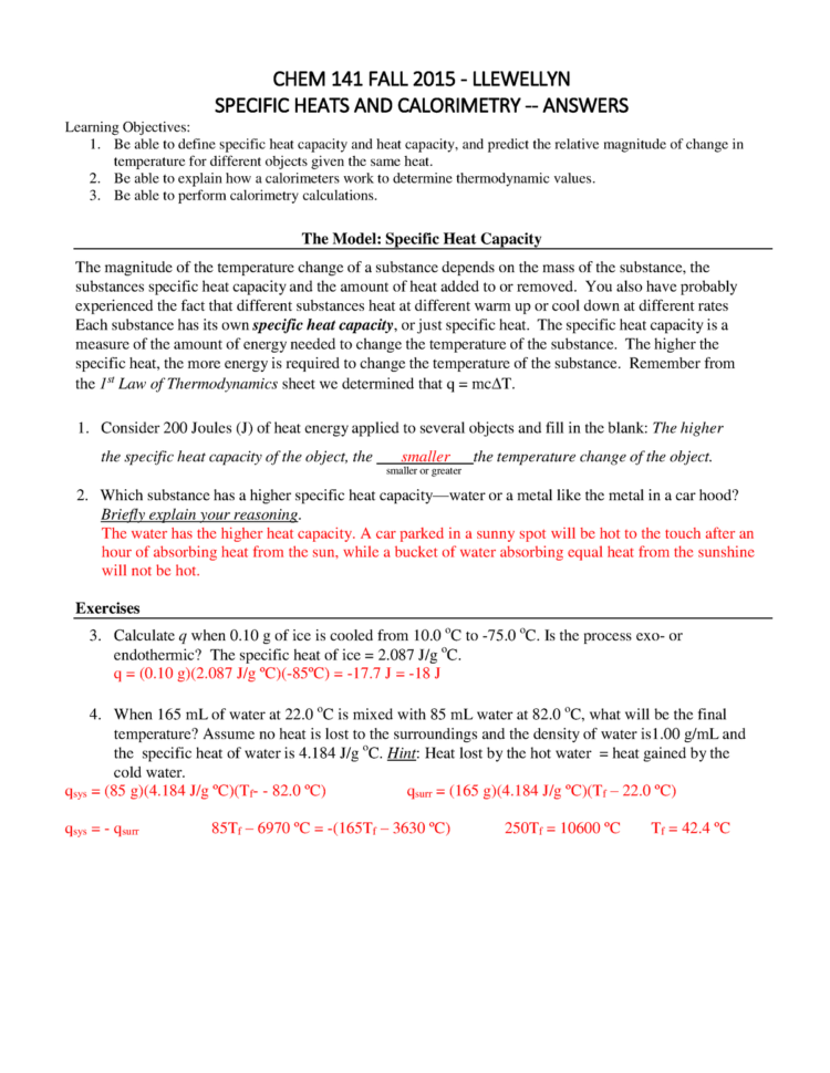 C104 Specific Heat Capacity And Calorimetry  Chem 141 General