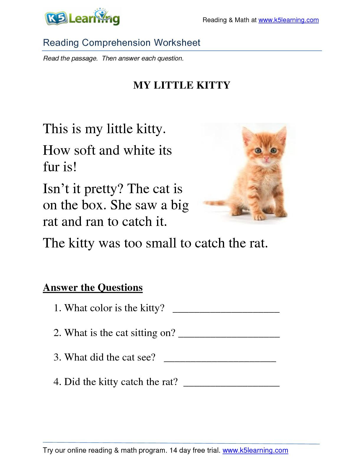 Calam o Reading Comprehension Worksheet Grade 1 Kitty Db excel