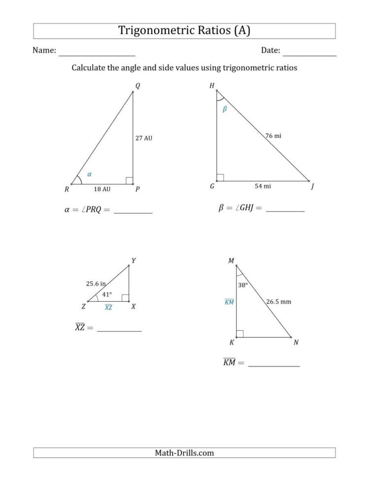 Calculating Angle And Side Values Using Trigonometric Ratios A