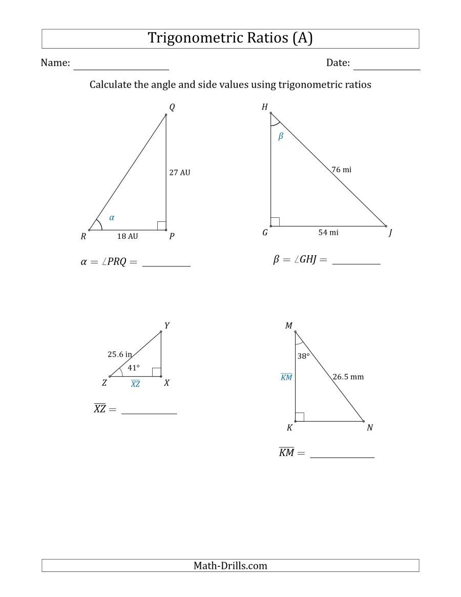 Calculating Angle And Side Values Using Trigonometric Ratios A