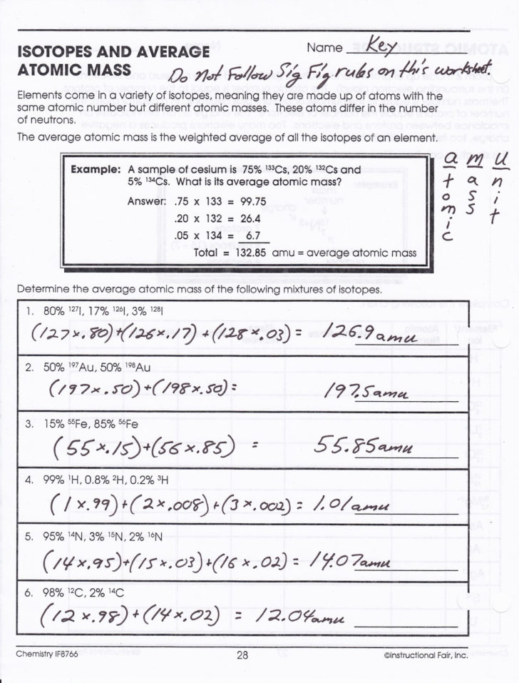 Isotopes And Average Atomic Mass Worksheet Answers