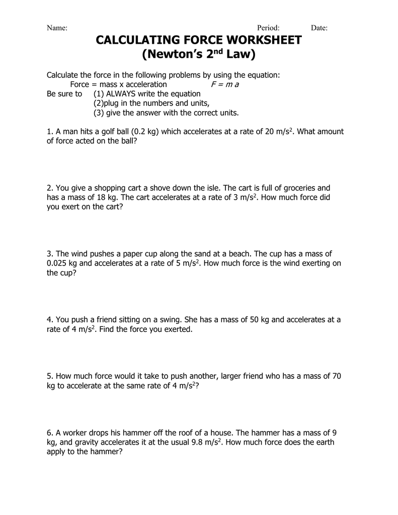 Calculating Force Worksheet Newton's 2 Law