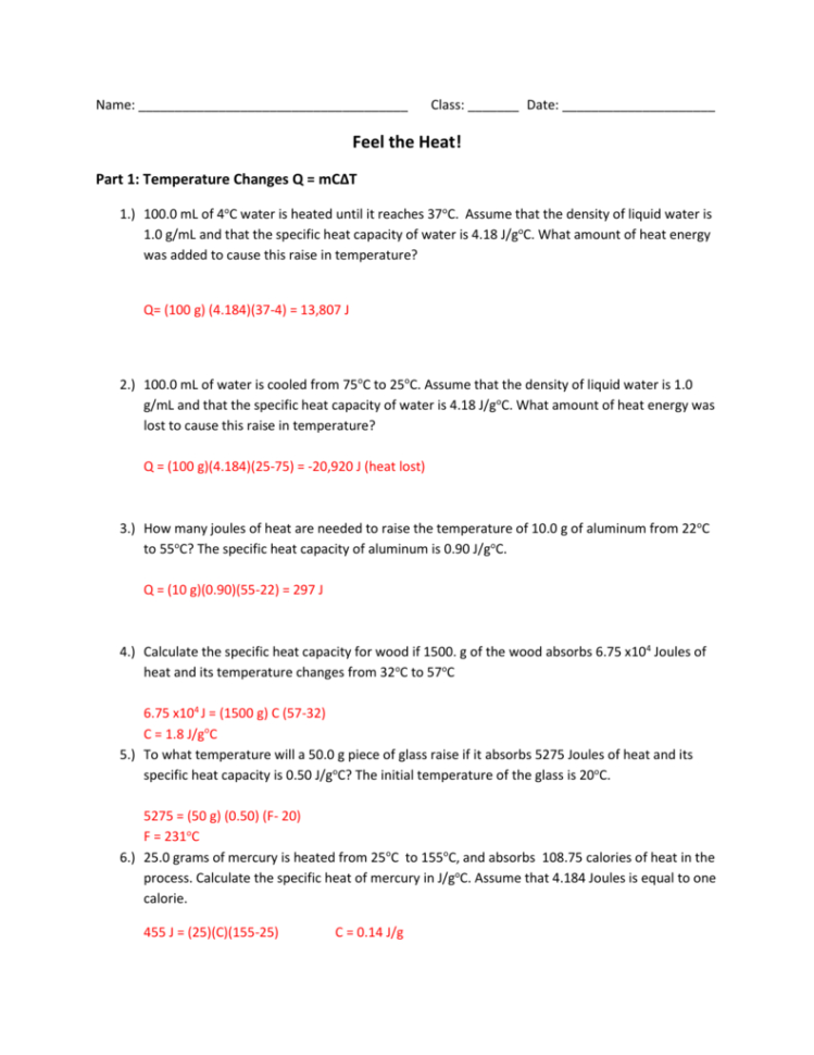Calculating Heat Answer Key