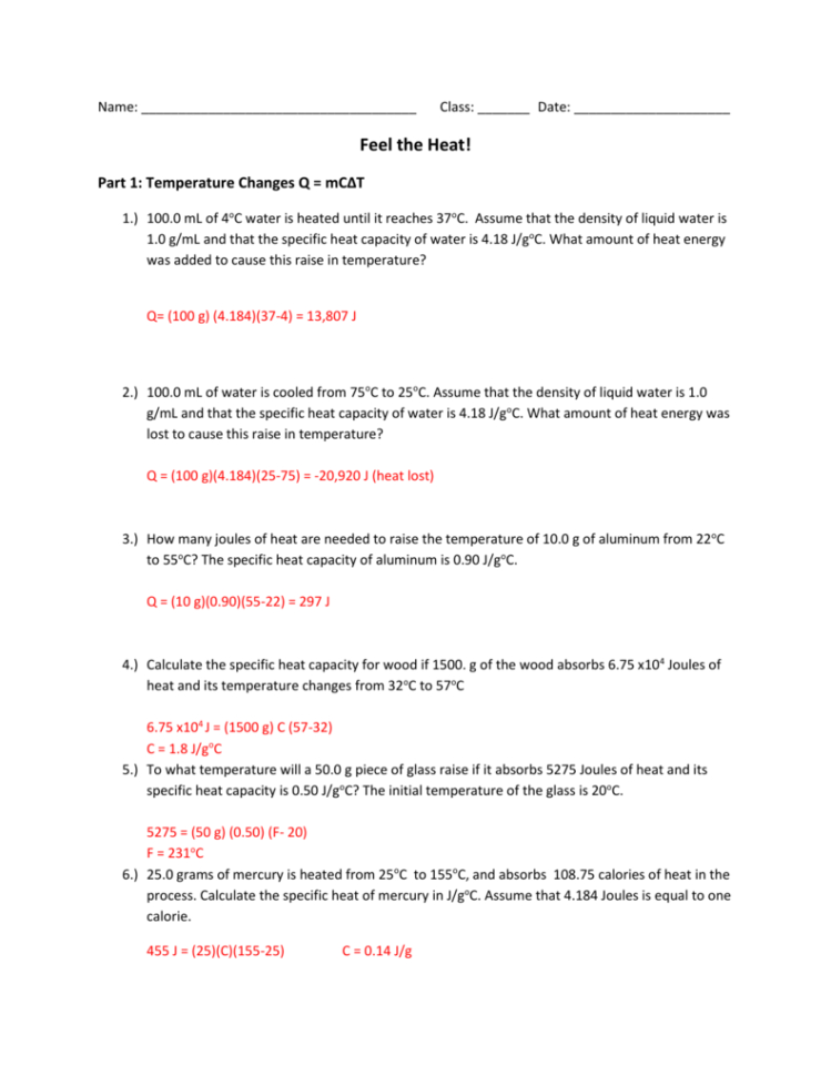 Calculating Specific Heat Worksheet