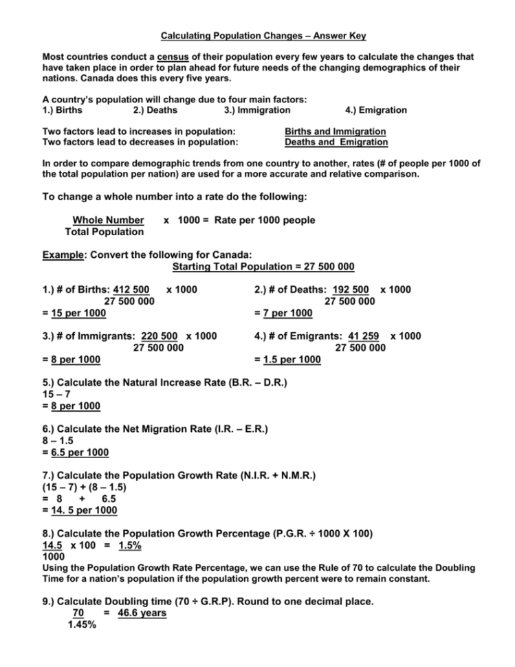 Calculating Population Changes – Answer Key