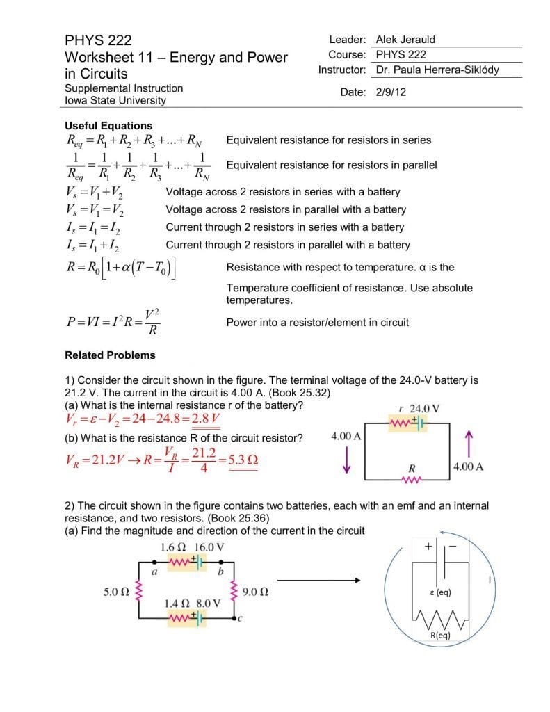 Calculating Power Worksheet Answer Key