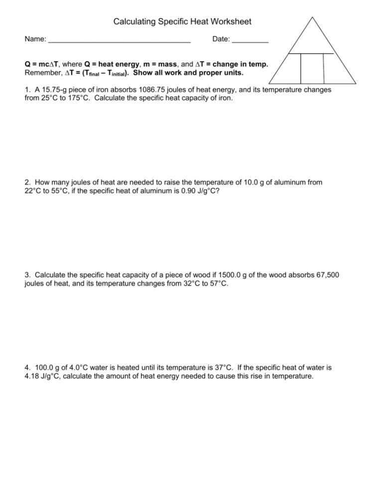 Calculating Specific Heat Worksheet  Yooob