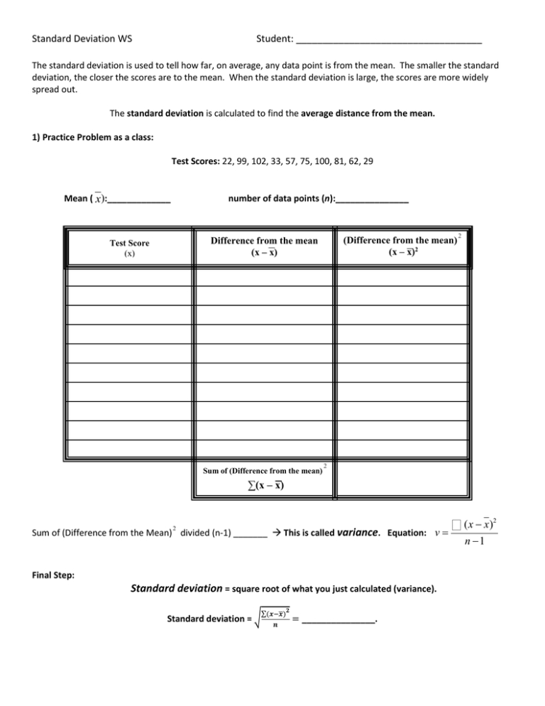 Standard Deviation Worksheet With Answers